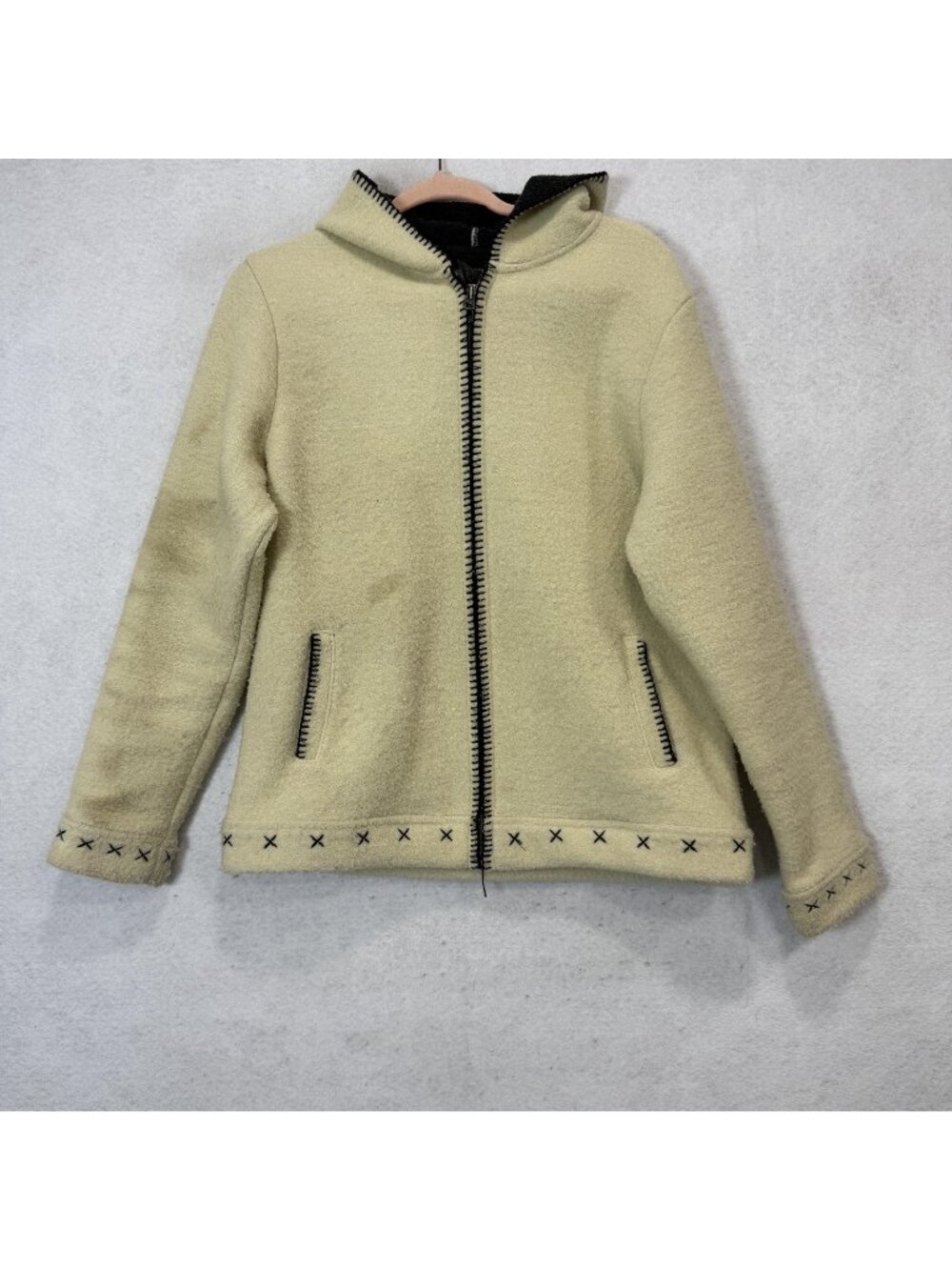 REI Jacket Womens Large Beige Hooded Fleece Full Zip Embroidered Pockets